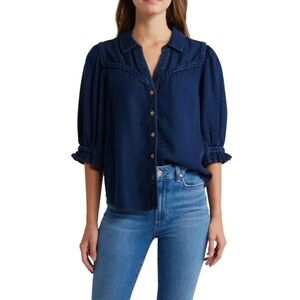 Wit & Wisdom Blouson Sleeve Western‎ Button-Up Shirt Navy Sz L